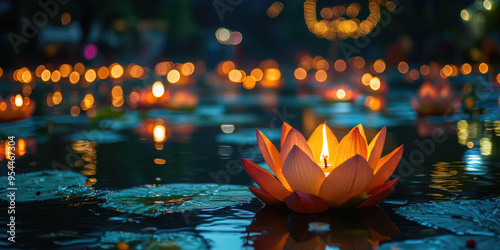 Krathong made from banana leaves, adorned with flowers, candles, incense sticksfloating on a river at night during loy krathong festival in thailand with many krathongs in background. Banner photo