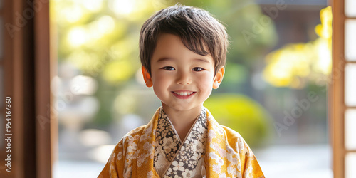 Young japanese boy in traditional kimono smiles broadly while celebrating shichi go san, a traditional rite of passage and festival in japan for three, five and seven-old children. Shichi-Go-San photo