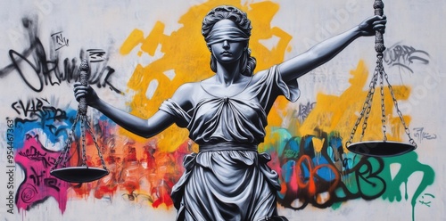 Graffiti-style art of Lady Justice, featuring vibrant urban graffiti on her scales, depicting symbols of punishment and reform, creating a bold and expressive narrative of justice.