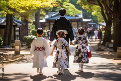 Procession of a Japanese family walking towards a Shinto shrine to celebrate Shichi-Go-San. they are dressed in traditional kimonos, girls with delicate kanzashi (hair ornaments) photo