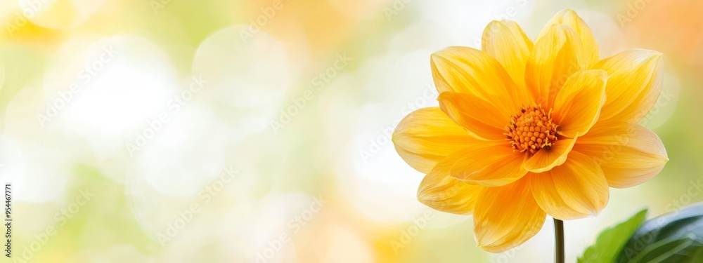 A tight shot of a yellow bloom and a nearby green leaf, with an out-of-focus background A tight shot of a yellow bloom and a nearby green leaf, with an out-of-focus background