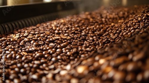 Close-Up of Roasted Coffee Beans on a Conveyor Belt