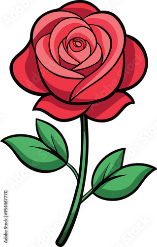 A vector illustration of a red rose with green leaves set against a clean white background