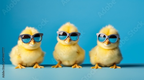 Three yellow easter chicks wearing blue sunglasses in a fun and playful pose on a bright studio blue background, symbolizing springtime celebration and festive holiday spirit.