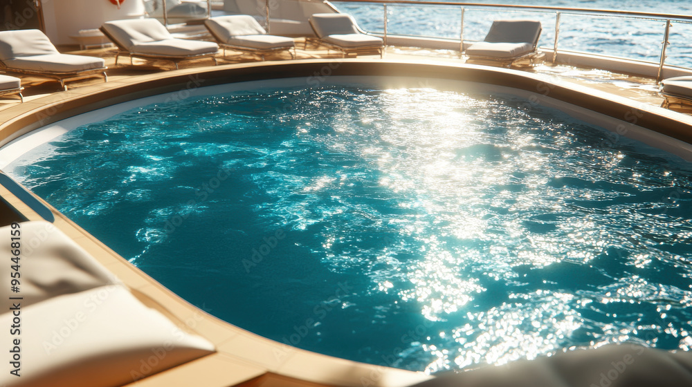 Ultra-detailed view of a cruise ship outdoor pool area, with sun loungers and crystal-clear