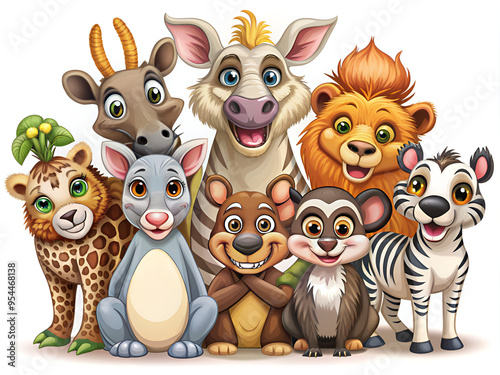 A delightful group of cartoon animals joyfully posing together for a picture, showcasing their vibrant personalities and cheerful expressions