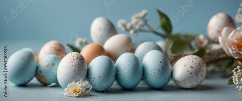 Creative Easter celebration concept Pastel eggs on a light blue background. photo