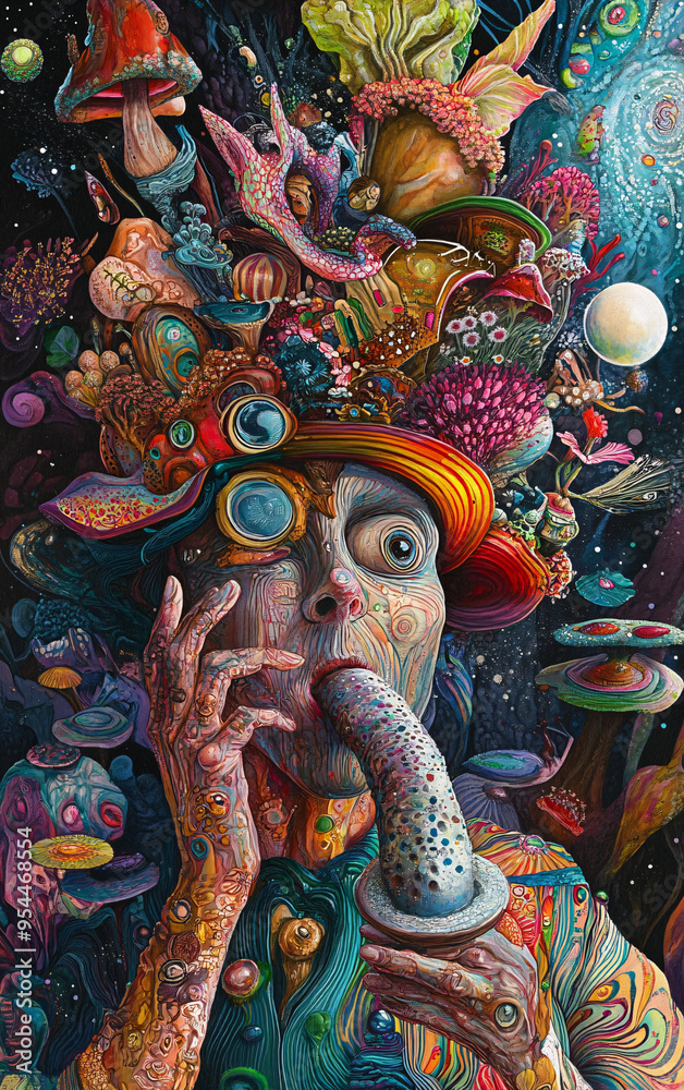 Surreal humanoid amid vibrant mushrooms in a dark, starry night Surreal humanoid amid vibrant mushrooms in a dark, starry night