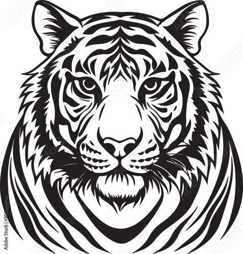 Vector design of a tiger head tattoo, showcasing intricate details and bold lines, ideal for a logo or tattoo inspiration photo