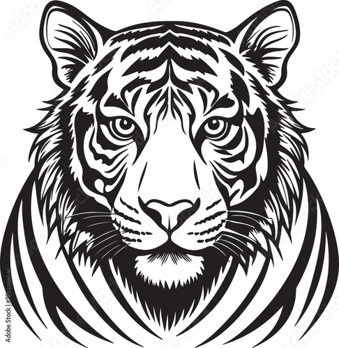 Vector design of a tiger head tattoo, showcasing intricate details and bold lines, ideal for a logo or tattoo inspiration