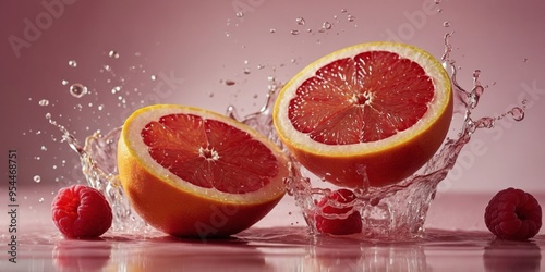 Sliced grapefruit and raspberries splashing in pink liquid. photo