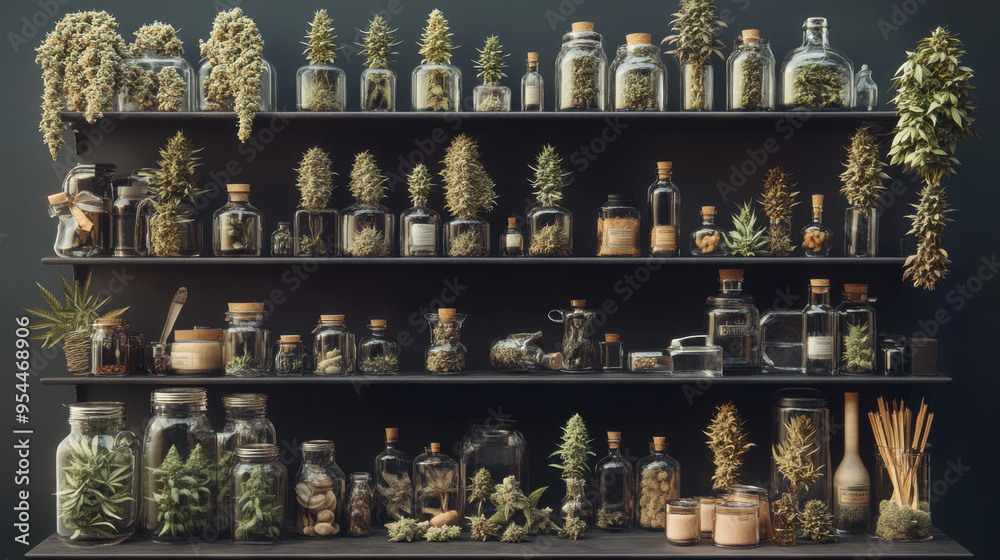 Ultra-realistic array of cannabis strains with associated accessories, finest detail, highest Ultra-realistic array of cannabis strains with associated accessories, finest detail, highest
