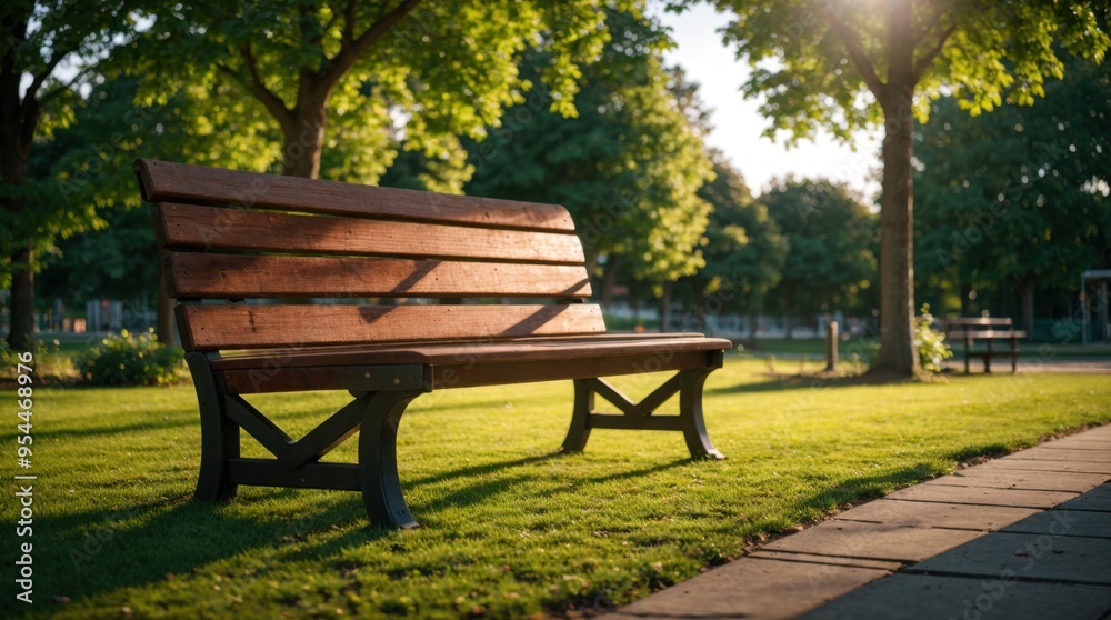 Harmony with a wooden park bench bathed in sunlight within greenery casting gentle shadows Harmony with a wooden park bench bathed in sunlight within greenery casting gentle shadows