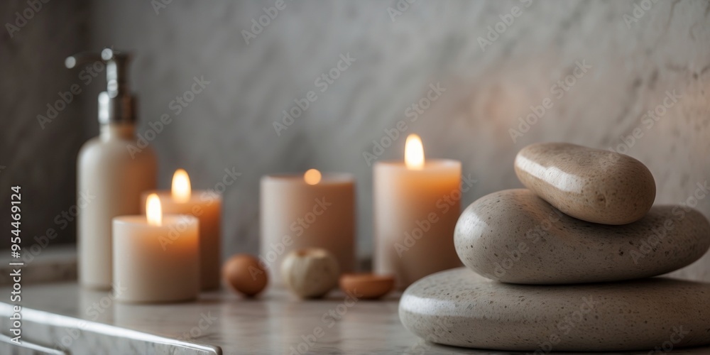 Natural bathroom decor with stone accessories. Natural bathroom decor with stone accessories.