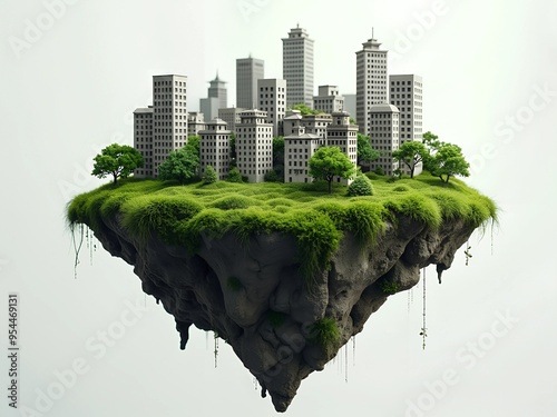 piece of miniature city in green land isolated in white background city land floating  in the sky
