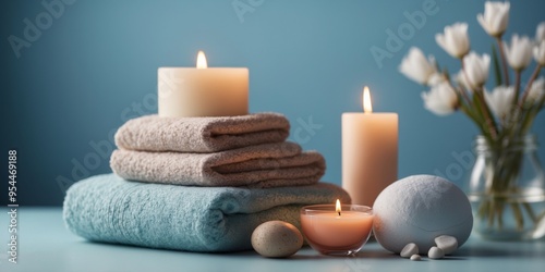 Spa essentials on a pastel blue background. photo