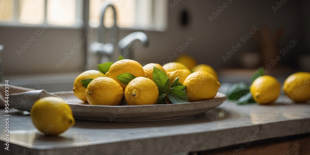 Fresh lemons in kitchen with bright sunlight. Fresh lemons in kitchen with bright sunlight.