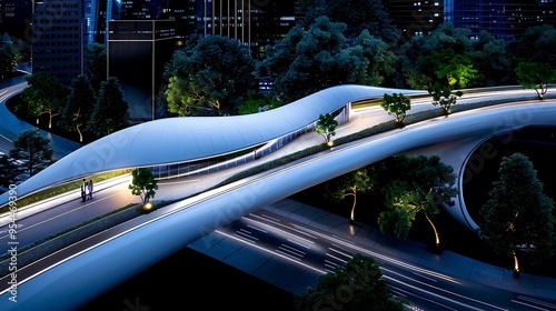 A hypermodern pedestrian skywalk system that seamlessly connects towering skyscrapers, offering a futuristic urban experience,  photo