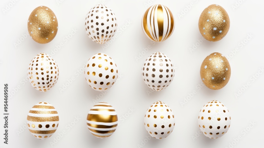 Top view of vibrant easter eggs decorated with golden paint, featuring striped and dotted designs on a clean white background. Perfect for festive holiday themes, spring celebrations, and elegant seas Top view of vibrant easter eggs decorated with golden paint, featuring striped and dotted designs on a clean white background. Perfect for festive holiday themes, spring celebrations, and elegant seas