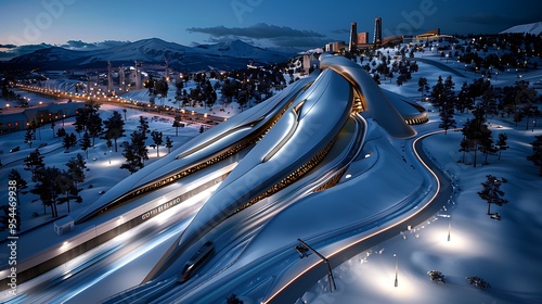 A hypermodern waste-to-energy plant featuring a public ski slope, exemplifying innovative approaches to urban sustainability,  photo