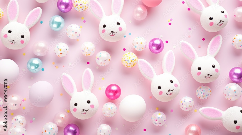 Top view of festive easter decorations: glowing confetti, white easter bunnies, and multicolored eggs on a soft pastel pink background for a joyful holiday celebration
Top view of festive easter decorations: glowing confetti, white easter bunnies, and multicolored eggs on a soft pastel pink background for a joyful holiday celebration