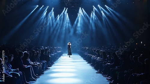 A model walks down the runway under spotlights during a fashion show, creating a dramatic and captivating atmosphere.