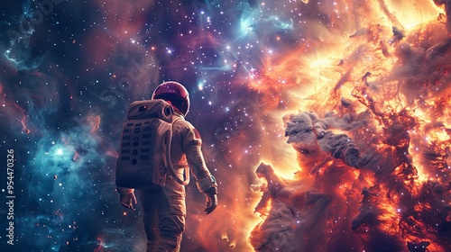 Astronaut Facing a Flaming Nebula in Space