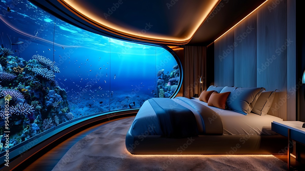 A luxurious underwater hotel with panoramic glass walls offering breathtaking views of a vibrant coral reef teeming with marine life, A luxurious underwater hotel with panoramic glass walls offering breathtaking views of a vibrant coral reef teeming with marine life,