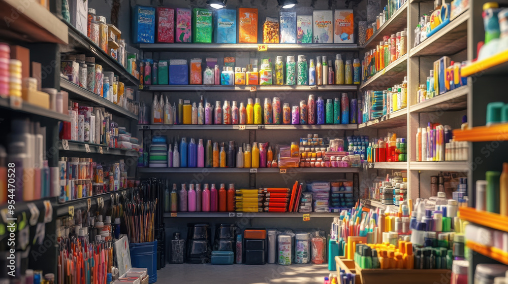 Ultra-realistic close-up of a local arts and crafts store, with shelves filled with colorful Ultra-realistic close-up of a local arts and crafts store, with shelves filled with colorful