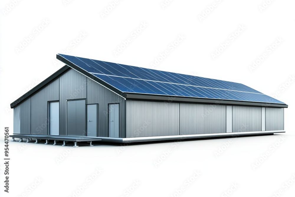 Fototapeta premium A modern industrial building featuring solar panel array on roof, showcasing renewable energy solutions.