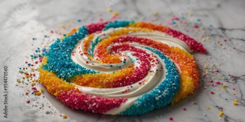 Spiral of colorful sprinkles around swirled cream on marble surface.