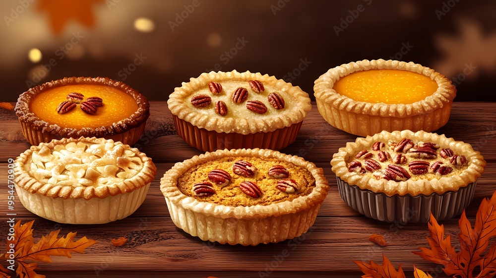 Six various delicious pies with pecans, on a wooden table with autumn leaves. Six various delicious pies with pecans, on a wooden table with autumn leaves.
