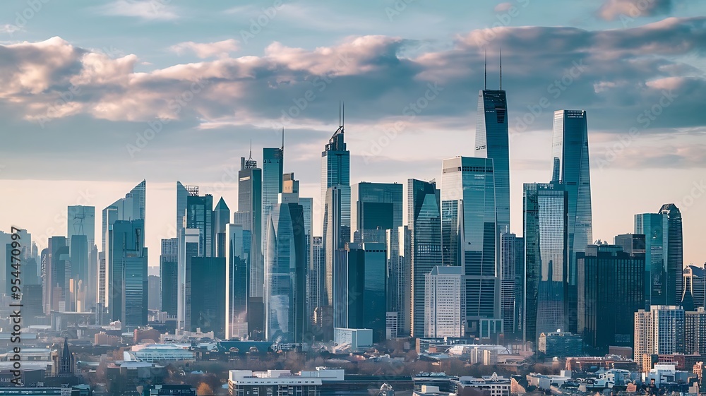 Obraz premium Panoramic cityscape with skyscrapers under a blue sky, showcasing urban growth and architectural beauty. Ideal for illustrating modern city life and development.