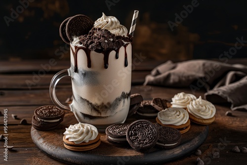 Oreo cookie milkshake with chocolate and cookies on wooden tray, dark background