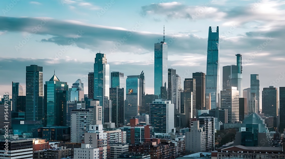 Fototapeta Panoramic cityscape with skyscrapers under a blue sky, showcasing urban growth and architectural beauty. Ideal for illustrating modern city life and development.