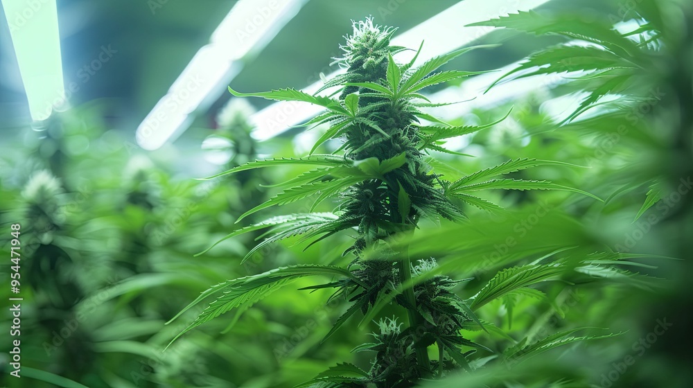 Close-up of a Cannabis Plant Budding Under Grow Lights Close-up of a Cannabis Plant Budding Under Grow Lights