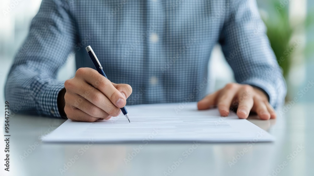 New hire completing onboarding paperwork at a desk, focusing on job integration and career development, tidy and structured office backdrop New hire completing onboarding paperwork at a desk, focusing on job integration and career development, tidy and structured office backdrop