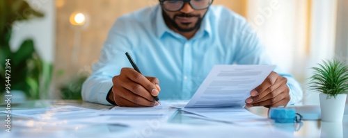 Recruiter reviewing resumes on a desk filled with job applications, highlighting the hiring process and career opportunities, clean and organized workspace photo