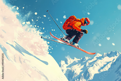 freeride skiing, skier jumping against blue sky, in winter, vector