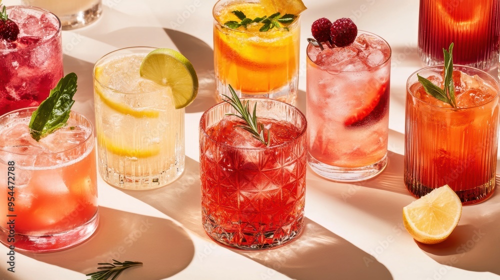 Refreshing Cocktail Assortment with Vibrant Garnishes on Tabletop Refreshing Cocktail Assortment with Vibrant Garnishes on Tabletop