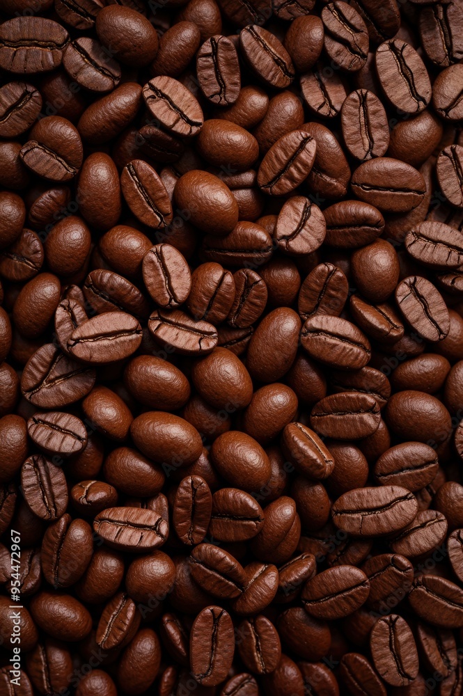 Fototapeta premium Layers of densely packed roasted coffee beans capturing rich brown tones 