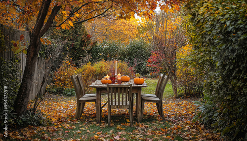 A serene autumn scene featuring a wooden table set with pumpkins amidst colorful foliage.