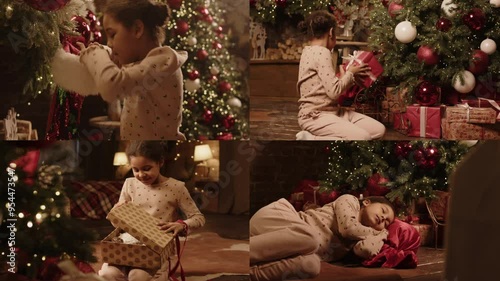 Split screen of young biracial girl wearing pyjamas sleeping near Christmas tree awaiting for celebration. She checking stocking and unboxing presents from Santa Claus photo