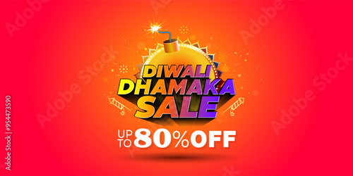 Diwali dhamaka sale, festive offers upto 80% off, deal, discount concept on red background. 3d vector logo design.