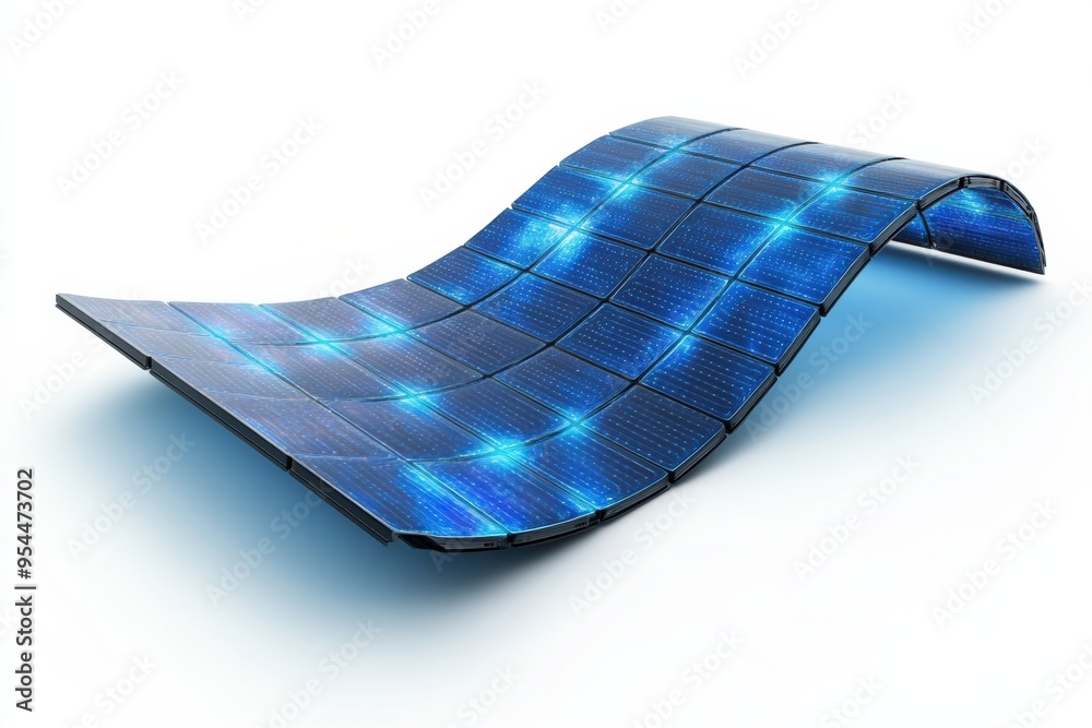 Futuristic flexible solar panel design showcasing thin, curved structure with vibrant blue cells, representing innovation in renewable energy technology. Futuristic flexible solar panel design showcasing thin, curved structure with vibrant blue cells, representing innovation in renewable energy technology.