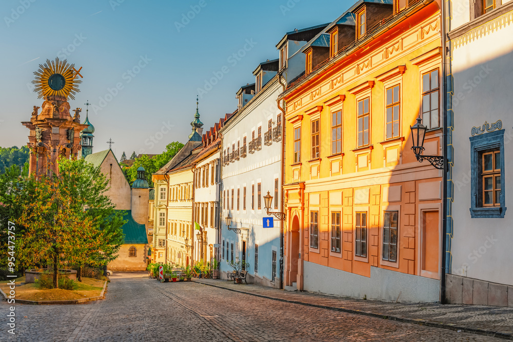 Obraz premium Romantic scenery of main square in Banska Stiavnica, UNESCO, Slovakia. Old Slovakia mining town with castle in Banska Stiavnica.