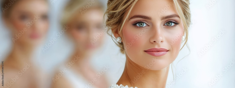 A woman gazes into a mirror, her reflection centered Two women are visible in the background A woman gazes into a mirror, her reflection centered Two women are visible in the background