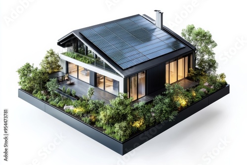 A modern smart home featuring solar panels and lush greenery, showcasing energy efficiency and contemporary design.