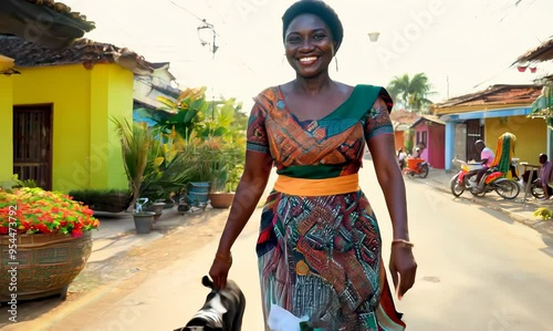 Mozambican Woman Walking Dog in Colorful Neighborhood