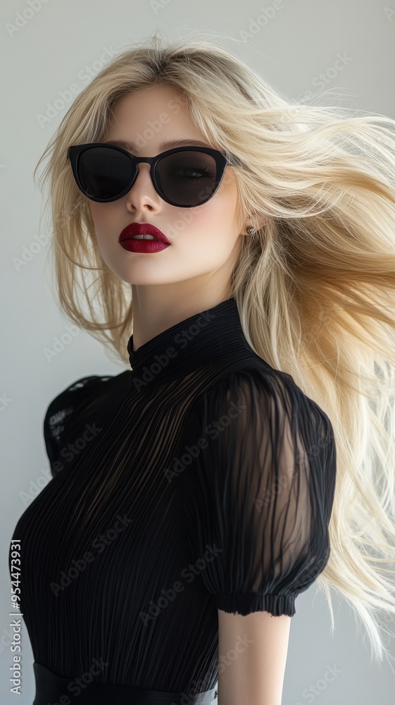 Stylish Blonde woman red lip and black sunglasses on studio background,model beauty cosmetics or healthy skin moisturizer,lifestyle fashion portrait of beautiful young woman having fun concept.